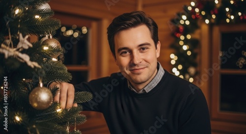 Smiling young man poses indoors next to a decorated evergreen during holiday illumination