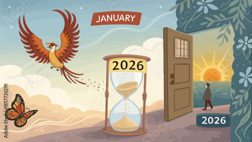 Old Year to New Year 2026 Transition Concept Featuring the Baby New Year Personification