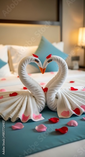 Towel swans create a heart shape on a bed with rose petals.