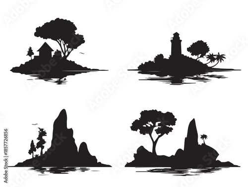 A stunning set of four simple black island silhouette vector icons