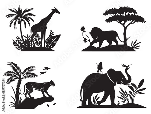 A beautiful set of four simple black jungle silhouette vector icons