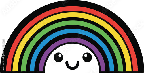 Happy Rainbow with Smiling Face and Blush, Colorful Kawaii Weather Character