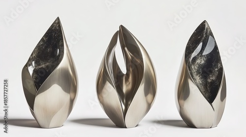 Three abstract sculptural forms crafted from brushed titanium with polished metallic surfaces displayed against a white background