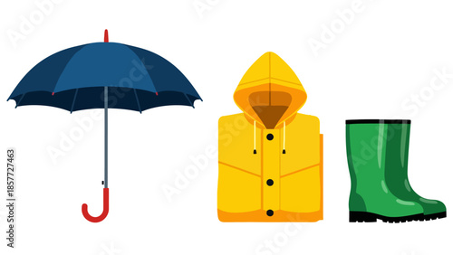Rainy day essentials a blue umbrella, yellow raincoat, and green wellington boots