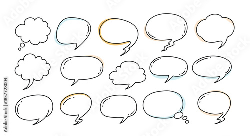 Large set of hand-drawn doodle speech and thought bubbles with a simple, clean line art style and subtle color accents.