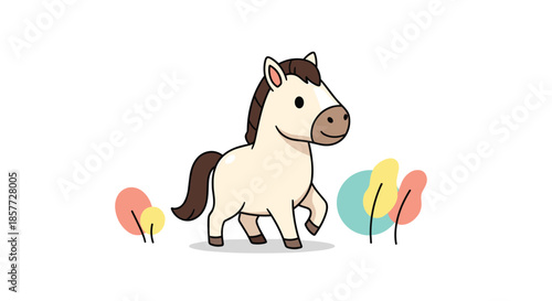 Cute cartoon pony or horse walking in a simple, whimsical landscape with abstract colorful trees, illustrated in a doodle style.