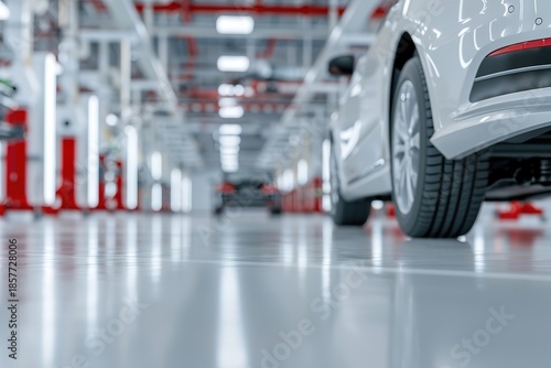 Inside a car workshop, a shiny epoxy floor reflects ambient light while a lifted sedan is visible. The clean, organized space indicates a professional environment for automotive service