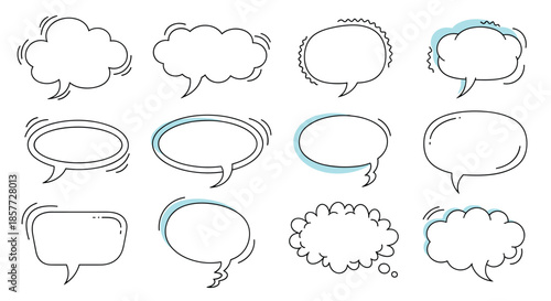 Collection of hand-drawn comic speech bubbles in various shapes with dynamic line effects to indicate sound or emphasis.