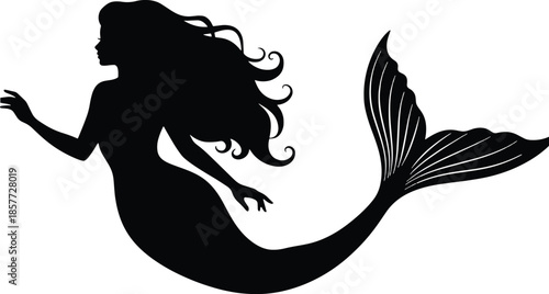  black silhouette of a mermaid swimming gracefully on a pure white background