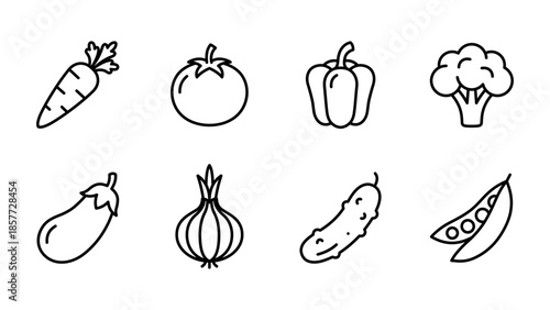 Set of 8 fresh vegetable outline icons. Minimalist black line art vector illustrations of healthy food ingredients suitable for menus, grocery apps, cooking projects, and organic branding.