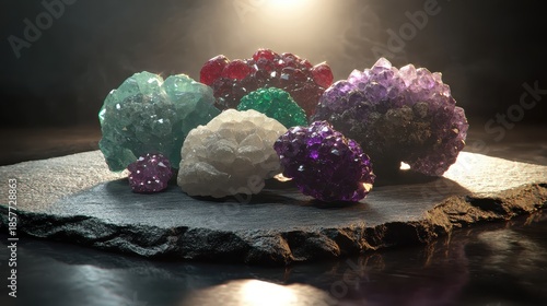 A collection of vibrant natural mineral crystals and gemstones including amethyst and fluorite displayed on a dark stone surface