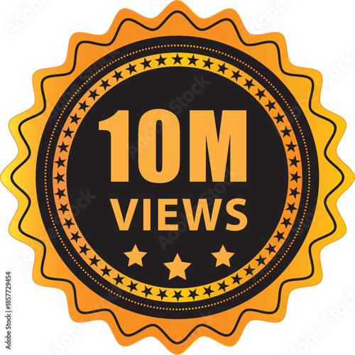 10M views gold achievement badge vector with star seal for social media milestone award pro