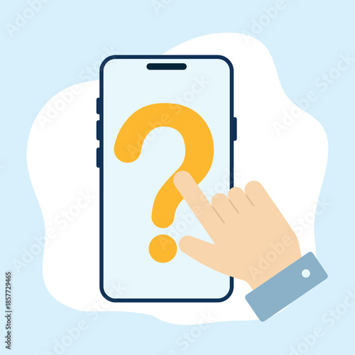 A simple and modern illustration centered on a prominent question mark combined with a phone receiver. The main theme is uncertainty, inquiry, and the search for answers. The image symbolizes question