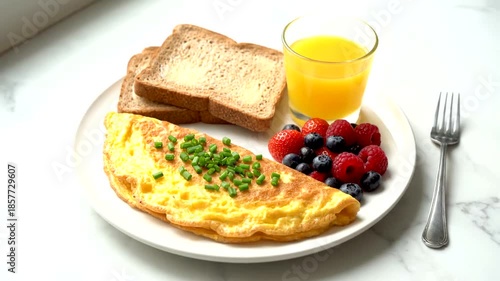 Delicious Breakfast Plate with Omelette, Toast, Berries, and Juice.