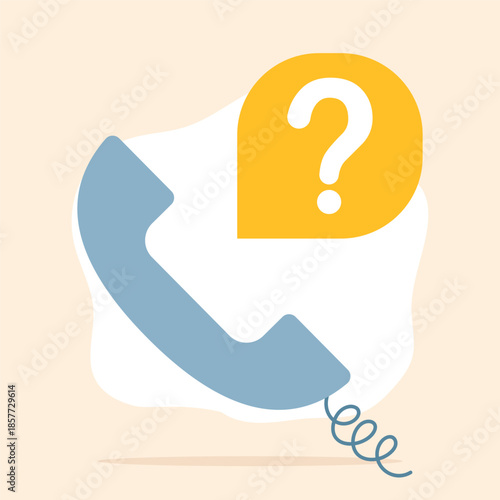 A simple and modern illustration centered on a prominent question mark combined with a phone receiver. The main theme is uncertainty, inquiry, and the search for answers. The image symbolizes question
