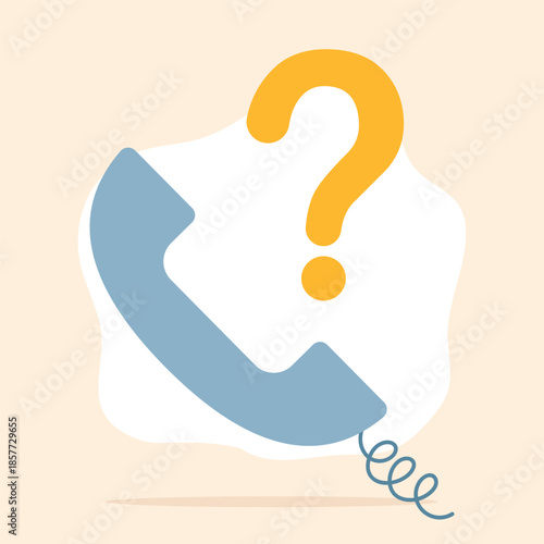 A simple and modern illustration centered on a prominent question mark combined with a phone receiver. The main theme is uncertainty, inquiry, and the search for answers. The image symbolizes question