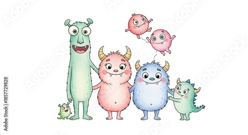 Whimsical family of diverse, colorful monsters poses together happily.