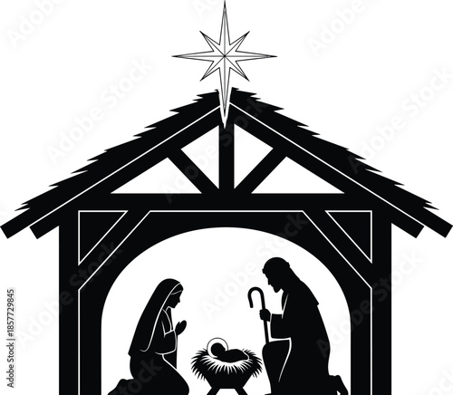 Vector silhouette of Christmas Nativity scene with holy family Mary Joseph and baby Jesus in stable under bright star icon.