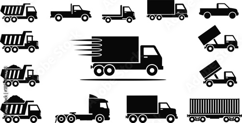 Set of cargo and delivery trucks including dump trucks, pickup trucks, freight vehicles, and transport silhouettes for logistics design