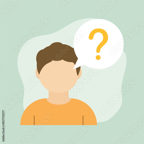 Flat illustration of a faceless person with curly hair surrounded by yellow question marks, symbolizing confusion, uncertainty, or decision-making in a clean, modern design style.