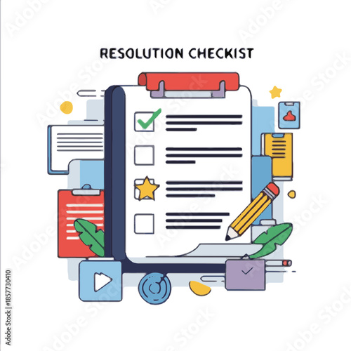 A checklist document with a pencil and quill pens nearby on a clean background with stationery items