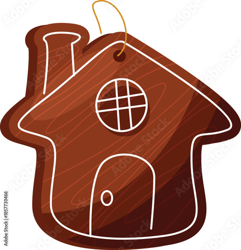 Gingerbread house cookie ornament with white icing and wooden texture