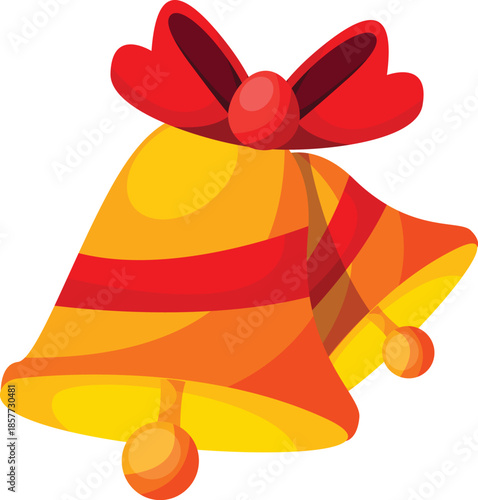 Pair of golden christmas bells with red ribbon bow and stripes