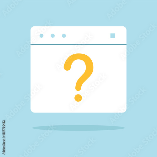 A flat illustration of a computer monitor with a question mark representing online help, technical support, questions, FAQs, troubleshooting, user guidance, and interface concepts.