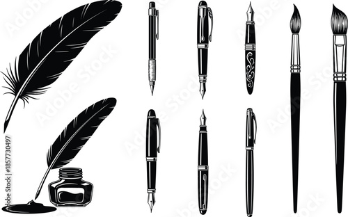 Set of vintage writing tools including quill feather, ink bottle, fountain pens, and calligraphy brushes in classic illustration style