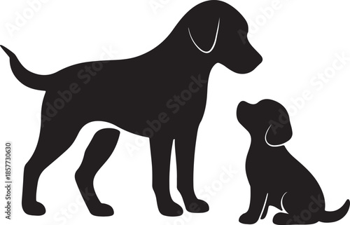 Silhouette of a Dog and Puppy Looking at Each Other, Canine Family, Pet Icon for Logos, Illustrations, and Design Elements.