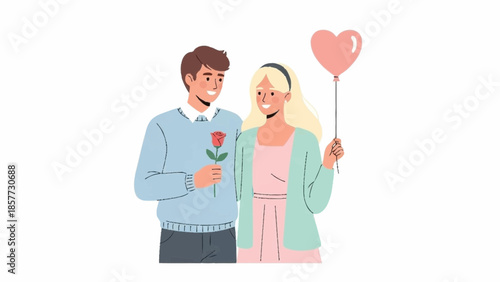 Young couple standing together, man holding a rose and woman holding a heart-shaped balloon, expressing love and affection