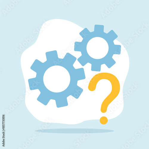 An abstract illustration showing gears and a question mark, representing settings, configuration, troubleshooting, and user support within a digital system or interface.