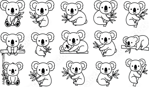 Cute koala illustration set, cartoon animal vector, Australian wildlife drawing, baby koala with eucalyptus, adorable character design, black and white art
