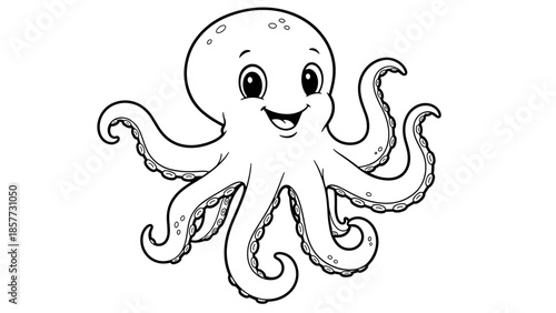Cartoon octopus outline for children’s coloring book — cute sea creature with smiling face and curly tentacles