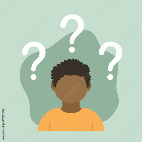Flat illustration of a faceless person with curly hair surrounded by yellow question marks, symbolizing confusion, uncertainty, or decision-making in a clean, modern design style.