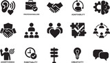 Soft skills icon set with communication, empathy, creativity, problem solving, punctuality and work ethics.