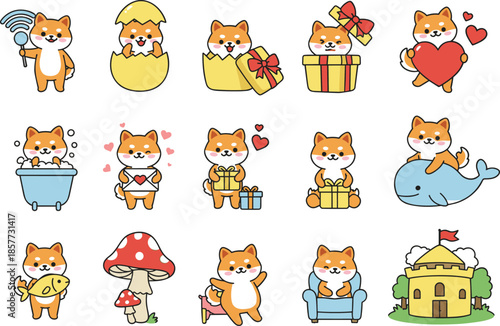 Cute Shiba Inu dog cartoon illustration, kawaii puppy clipart, adorable pet mascot, playful animal character, vector art, sticker design, decoration