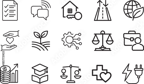   Sector of society outline icon set for healthcare, education, finance, equality, energy, UI and infographics.