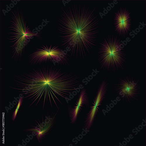 Abstract Neon Light Bursts and Fiber Optic Textures Set: Vibrant Gradient Starbursts and Swirling Energy Lines on Black Background