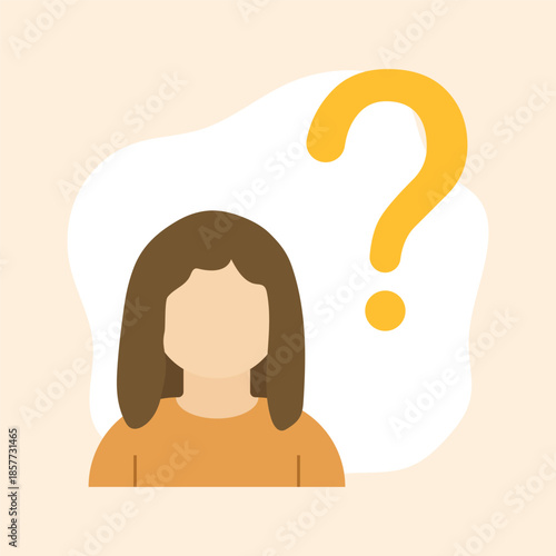Flat illustration of a faceless person with curly hair surrounded by yellow question marks, symbolizing confusion, uncertainty, or decision-making in a clean, modern design style.