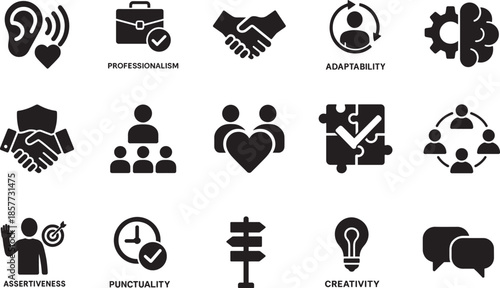 Soft skills icon set with communication, empathy, creativity, problem solving, punctuality and work ethics.