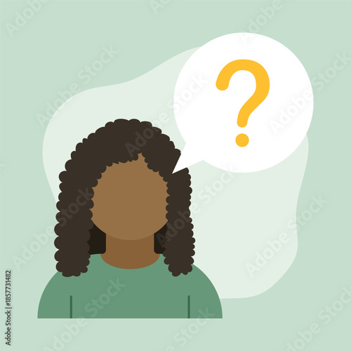 Flat illustration of a faceless person with curly hair surrounded by yellow question marks, symbolizing confusion, uncertainty, or decision-making in a clean, modern design style.