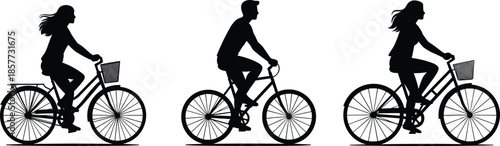 Cyclists silhouettes cad drawing flat vector illustration, three people riding bicycles with baskets,
