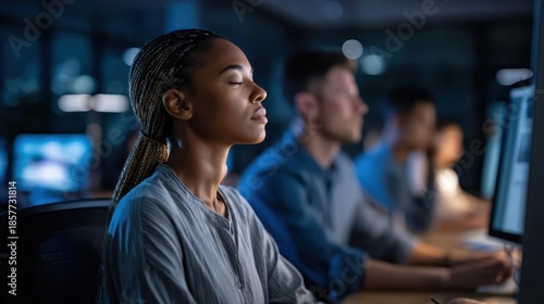 Calm Black Female Professional Practicing Mindfulness at Work During Night Shift