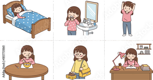 Daily routine of a young girl, morning hygiene, breakfast, school preparation, homework, cartoon illustration, child lifestyle, healthy habits, education, activity