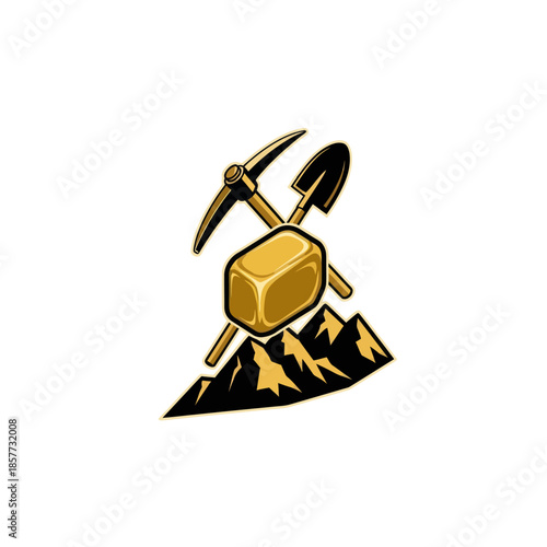 Gold Bar with Pickaxe on Mountain Peak.