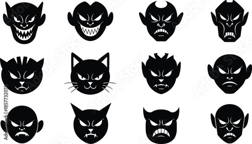 Dark fantasy monster faces, evil demon silhouettes, scary goblin masks, horror creature icons, spooky cat devil heads, Halloween vector illustration