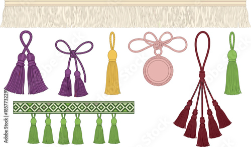 Decorative tassels, curtain tiebacks, fringe trim, fabric embellishments, home decor accessories, colorful textile ornaments, interior decoration, sewing crafts, luxury trimmings