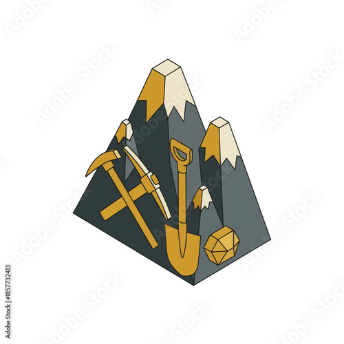 Gold Mining Tools on Mountain Illustration.