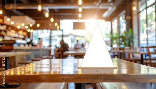 Blank white triangle table tent card on wooden table in cafe